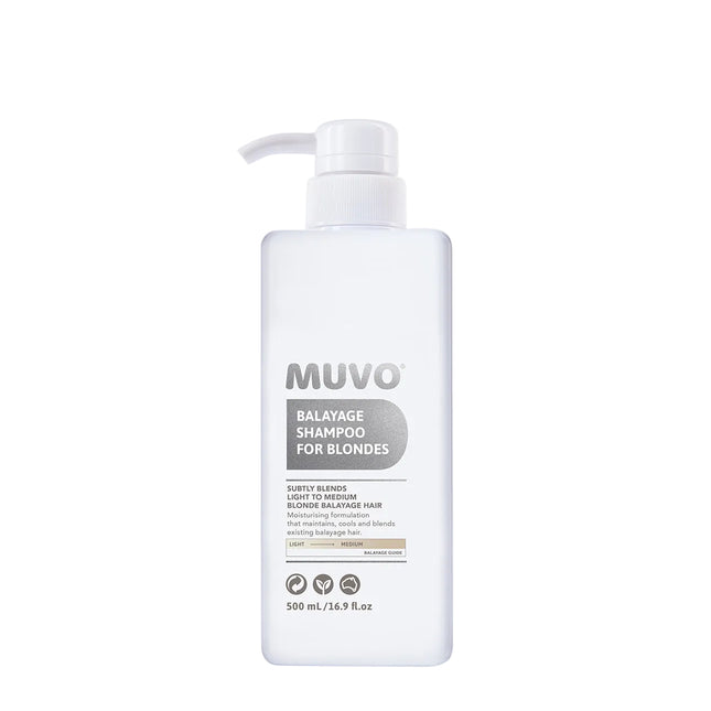 MUVO Balayage Shampoo For Blondes verlevendigt, verfrist en verkoelt licht tot medium blond haar. Deze hydraterende formule is de perfecte onderhoudsshampoo om je balayage en highlights moeiteloos te onderhouden en de levensduur ervan te verlengen tussen salonbezoeken door. MUVO Balayage Shampoo For Blondes zorgt ervoor dat je balayage en highlights langer mooi en verzorgd blijven.

MUVO Balayage Shampoo For Blondes is geschikt voor licht tot medium blond haar waarbij de basiskleur van het haar medium blond