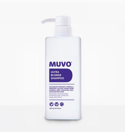 De MUVO Ultra Blonde Shampoo is een supersterke veganistische zilvershampoo voor blond en grijs haar, die ongewenste gele en koperkleurige tinten neutraliseert